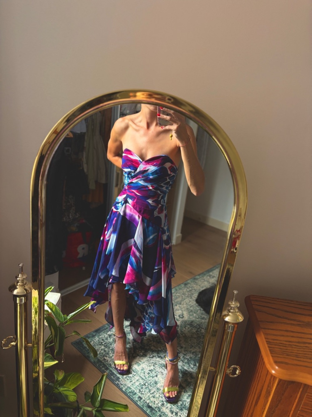 le chateau Strapless High-Low Dress in Fuchsia, Blue & Purple Print